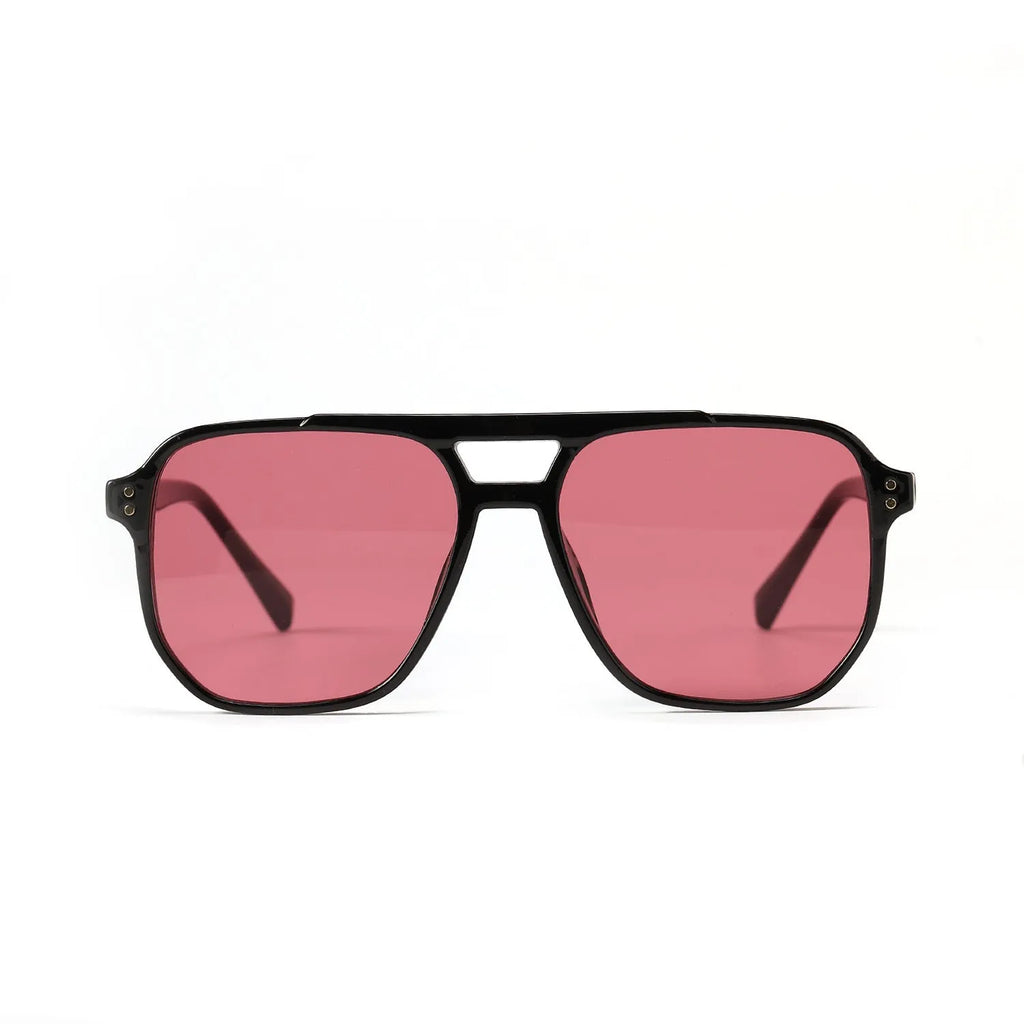 Square double beam sunglasses for women in black frame with pink lens, showing full frame design.