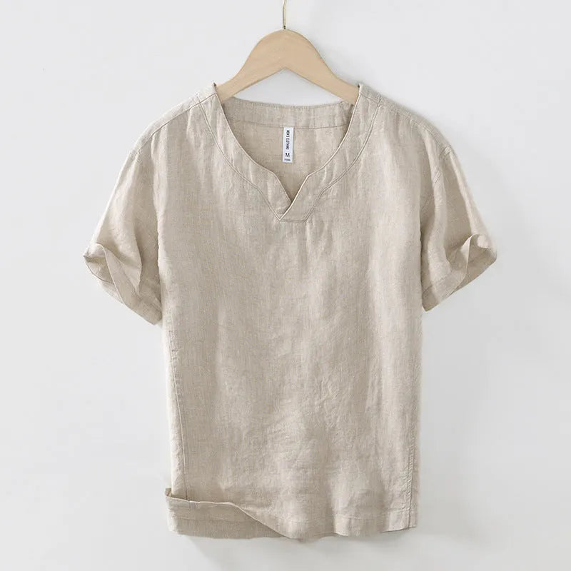 Simple casual linen T-shirt top in khaki, short sleeves, pullover style
