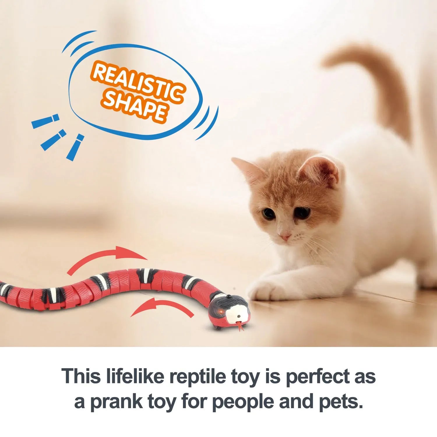 Smart sensing interactive electronic snake cat toy on a floor, showing segmented plastic body and USB charging port.