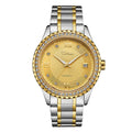 Fashionmonger men's gold and black automatic waterproof watch with luminous hands on a wrist.