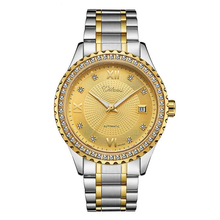 Fashionmonger men's gold and black automatic waterproof watch with luminous hands on a wrist.