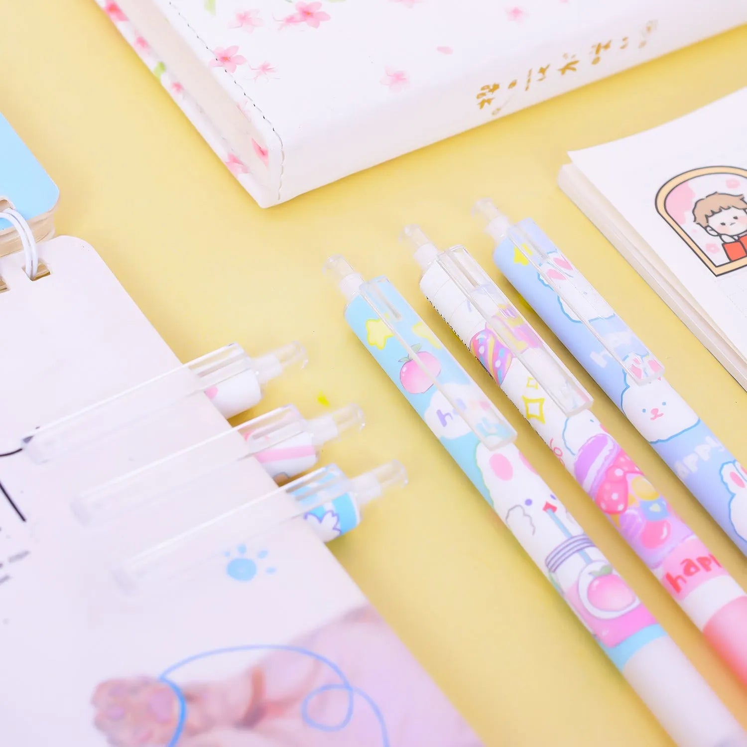 Six cartoon bunny design pens with 0.5mm black ink refills for student and office stationery