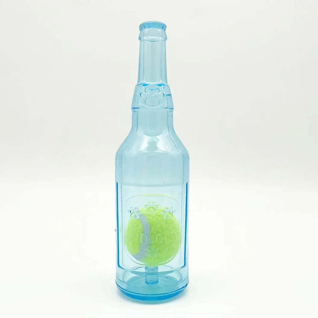 Blue green and red squeaky water bottle shaped dog chew toy for aggressive chewers