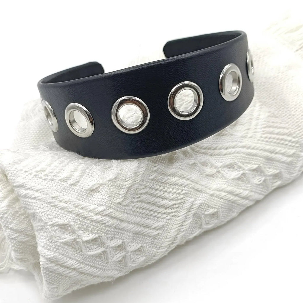 Black wide handmade artificial leather headband with round and square rivets