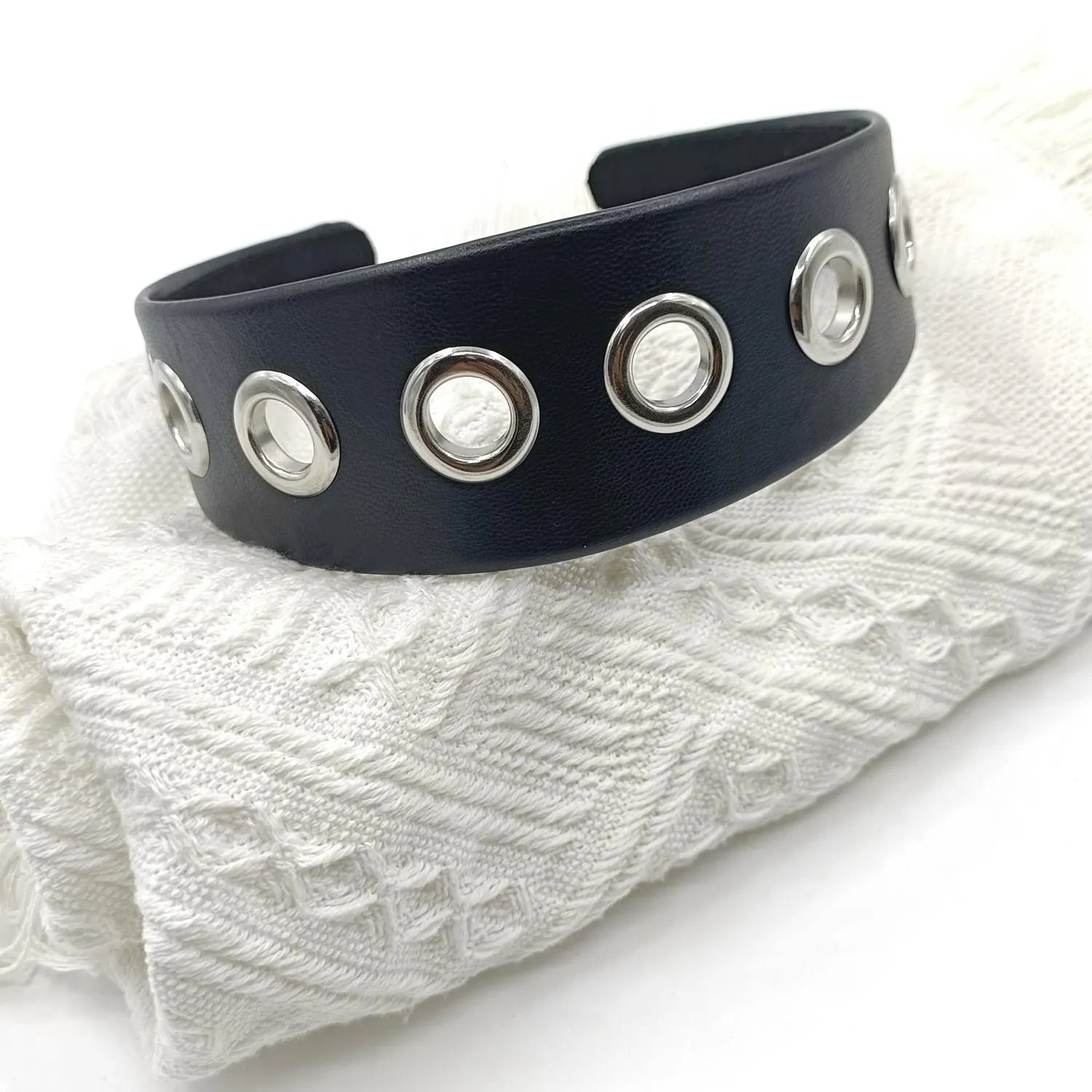 Black wide handmade artificial leather headband with round and square rivets