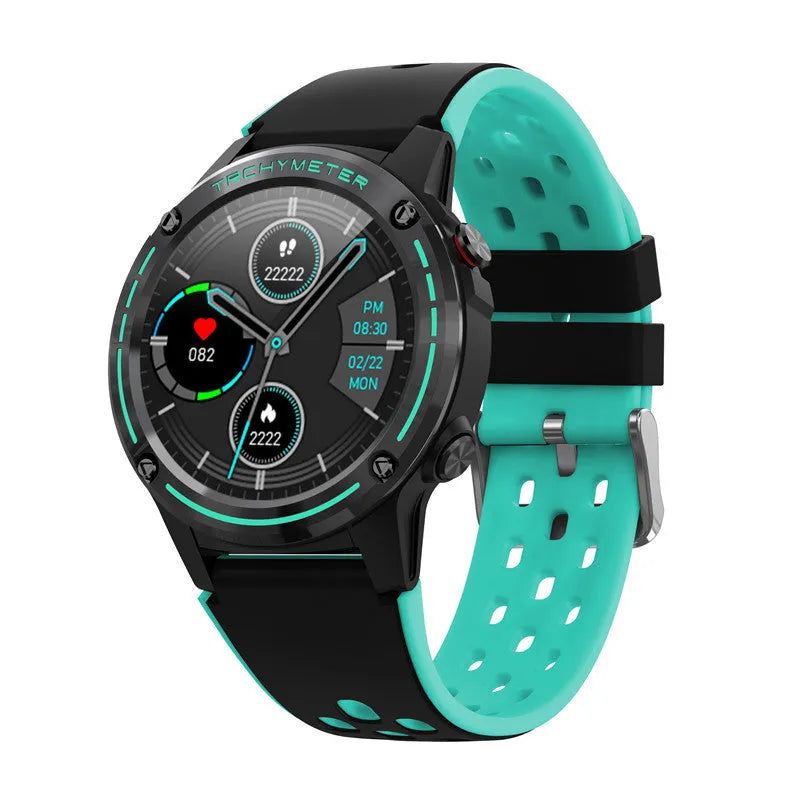 Blue outdoor sports smart watch with 1.3-inch screen and silicone wristband on a wrist.