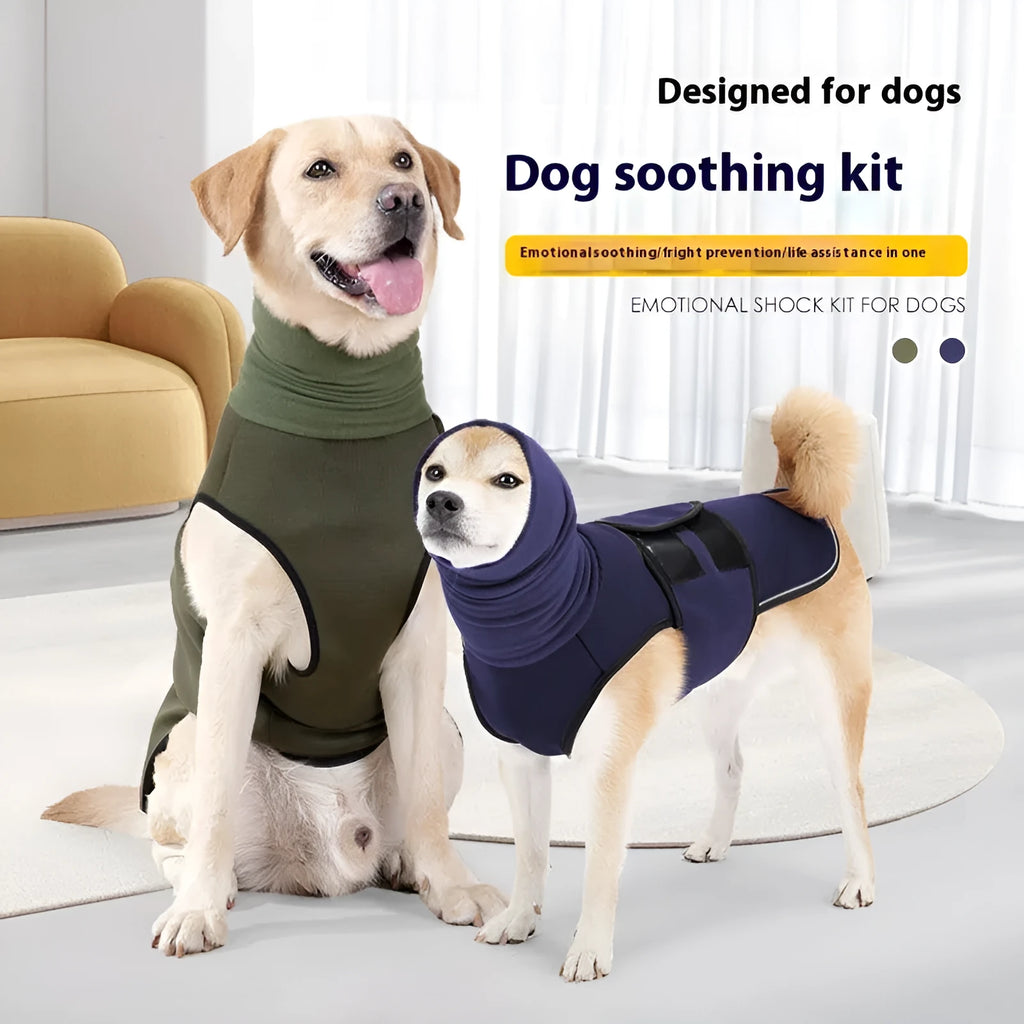 Dog wearing polyester anxiety jacket in army green for separation anxiety and thunderstorm phobia relief