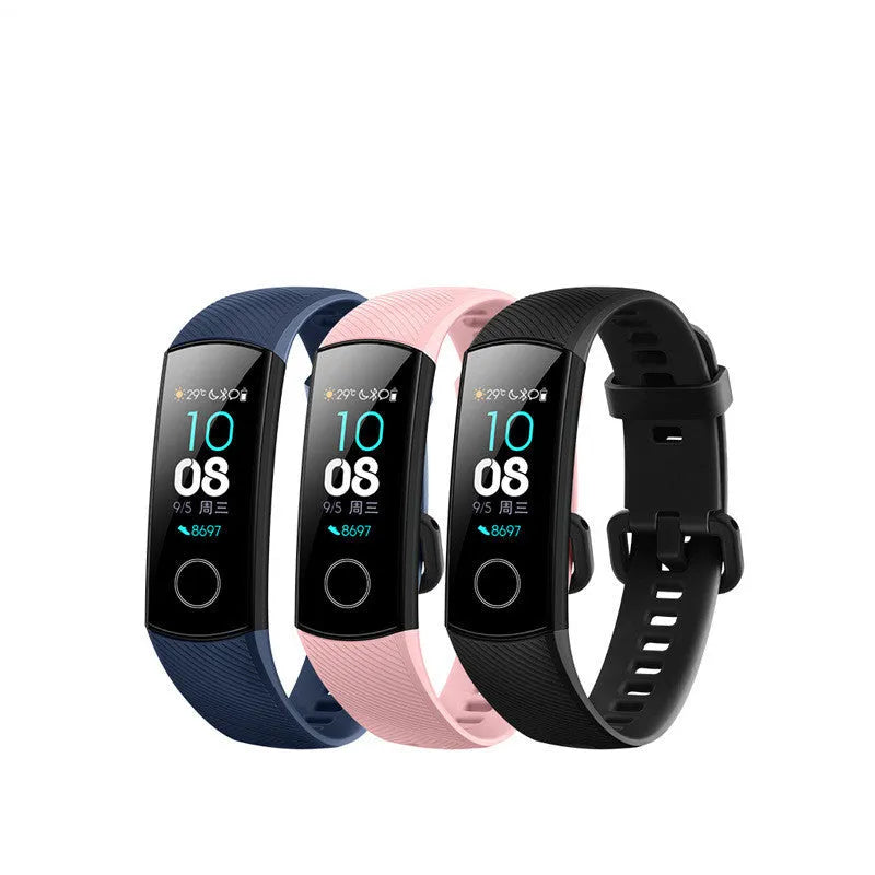 Silicone waterproof swimming heart rate sleep bracelet in black, blue, and pink with USB charger