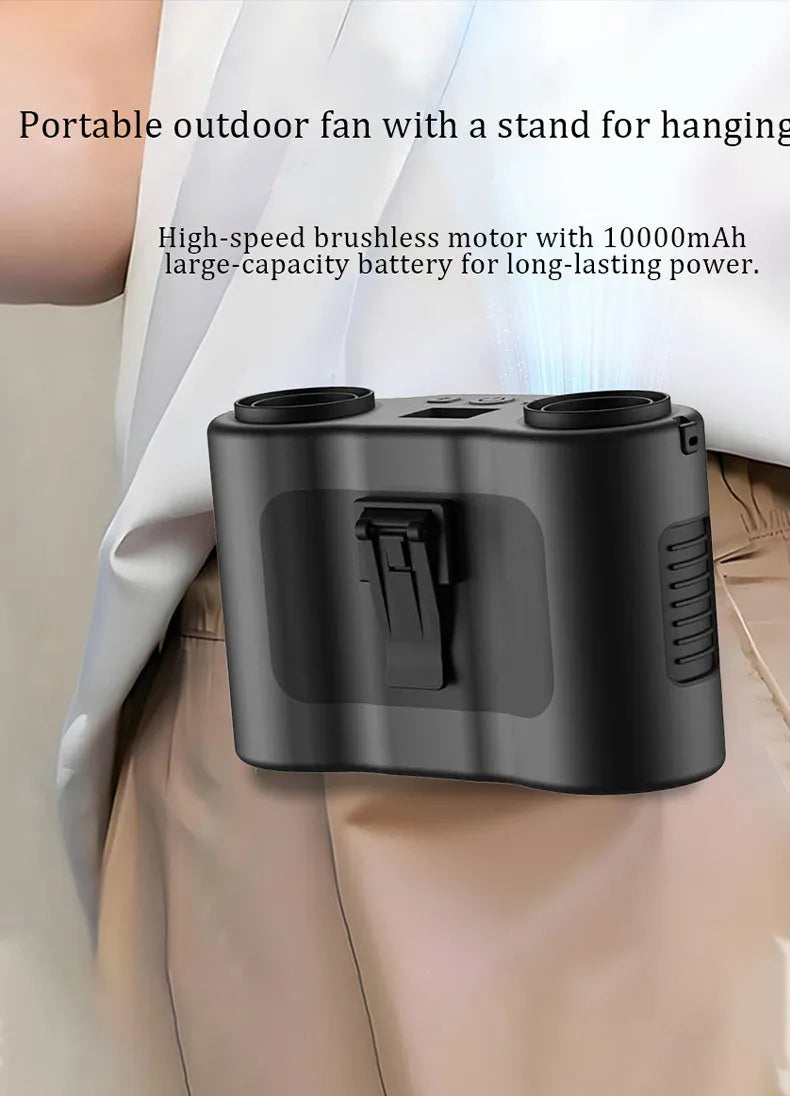 Black waist-hung portable fan with neck lanyard showing five wearing methods for outdoor use
