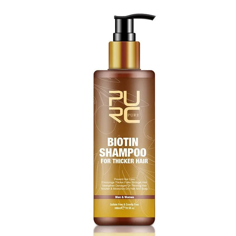 PURC Ginger Biotin Hair Care Set with 300ml shampoo, 300ml conditioner, and 30ml essential oil in white bottles