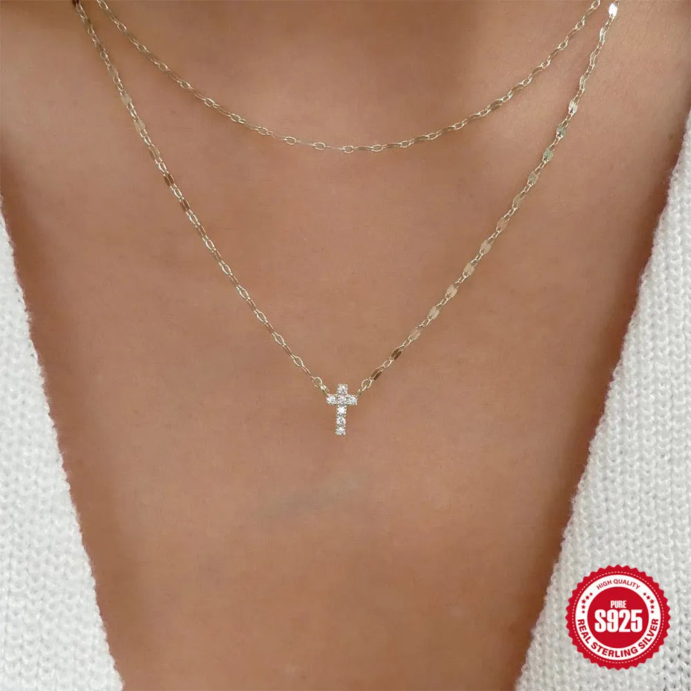 Sterling silver double layer twin diamond cross pendant necklace on clavicle chain