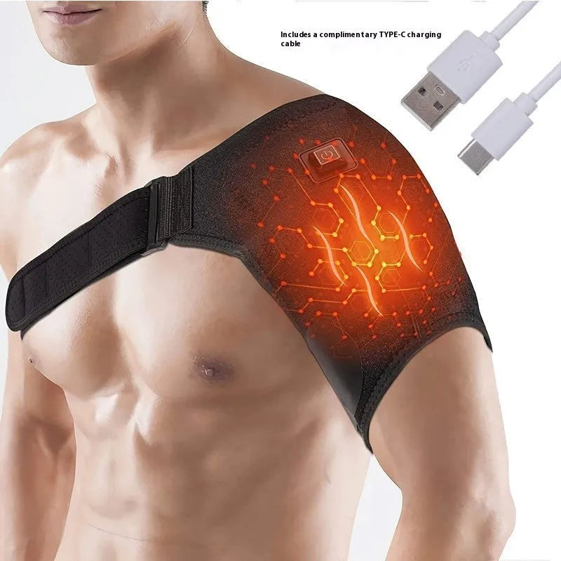 USB electric heating shoulder pad showing plug-in connection and padded shoulder design
