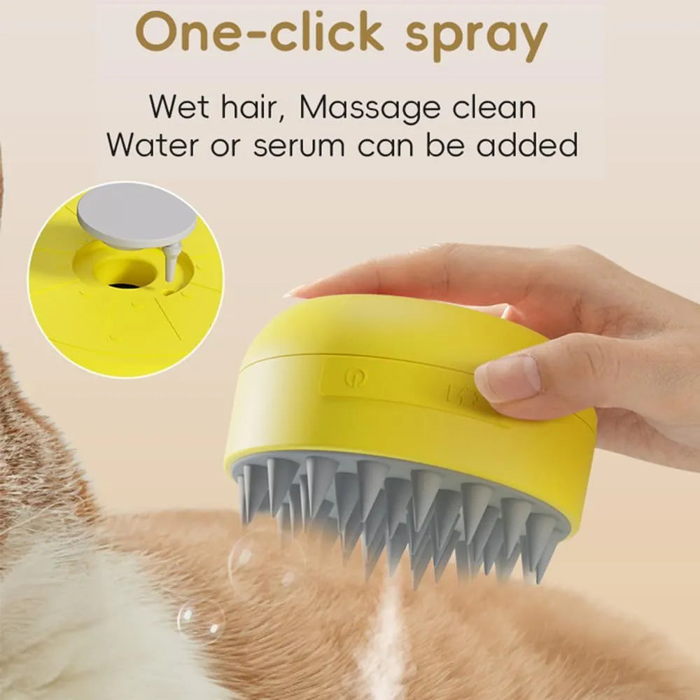 Green or yellow rechargeable cat and dog steam brush with silicone bristles and ergonomic handle.