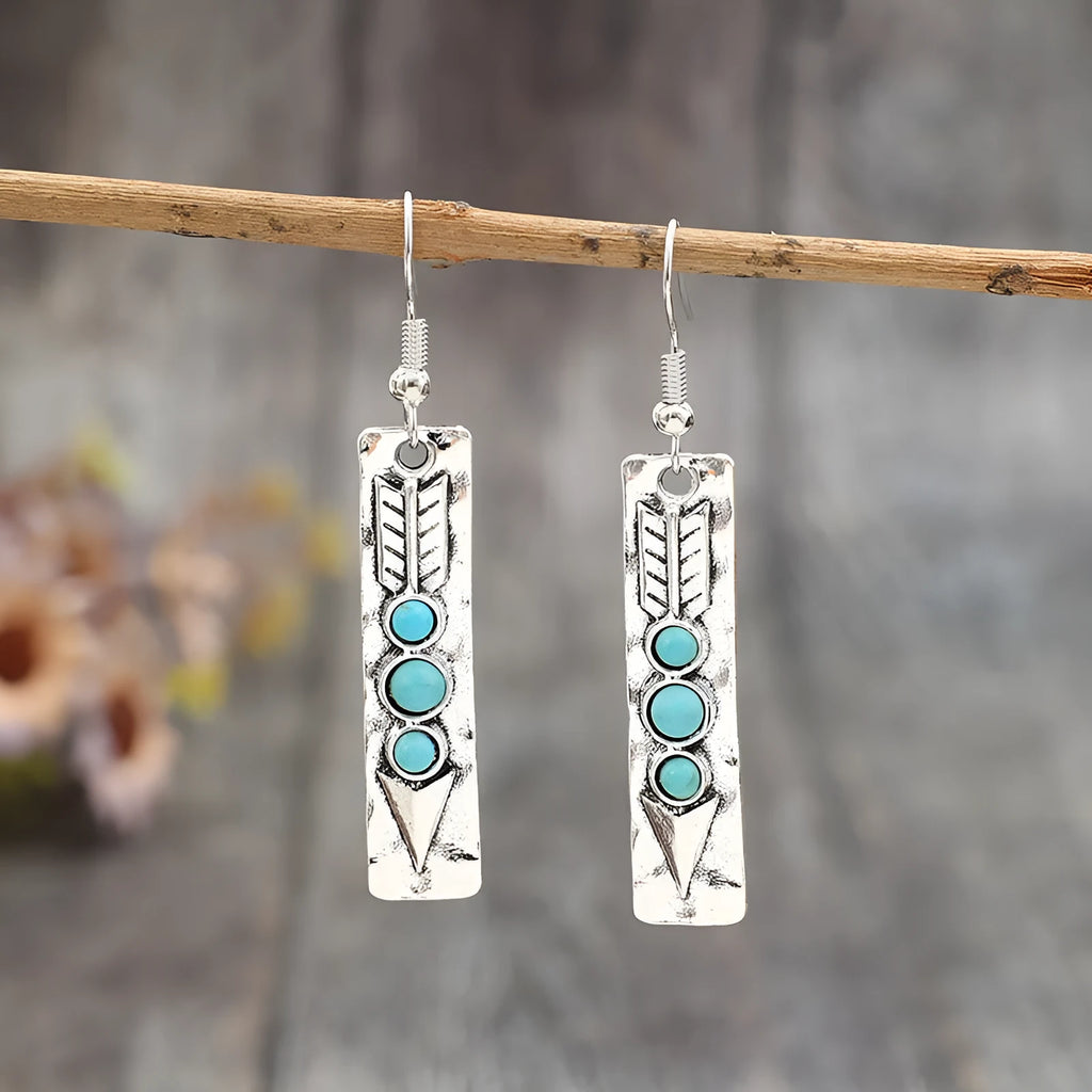 Silver geometric long strip earrings with zinc alloy construction and retro design