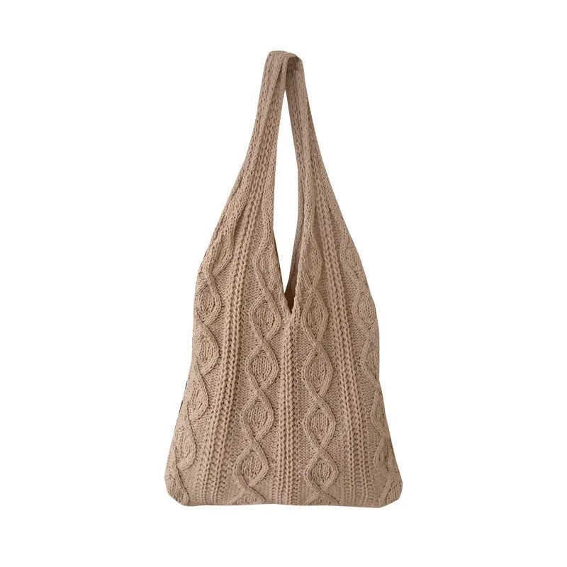 Retro woven shoulder tote bag with hollow knit design in solid colour with double straps