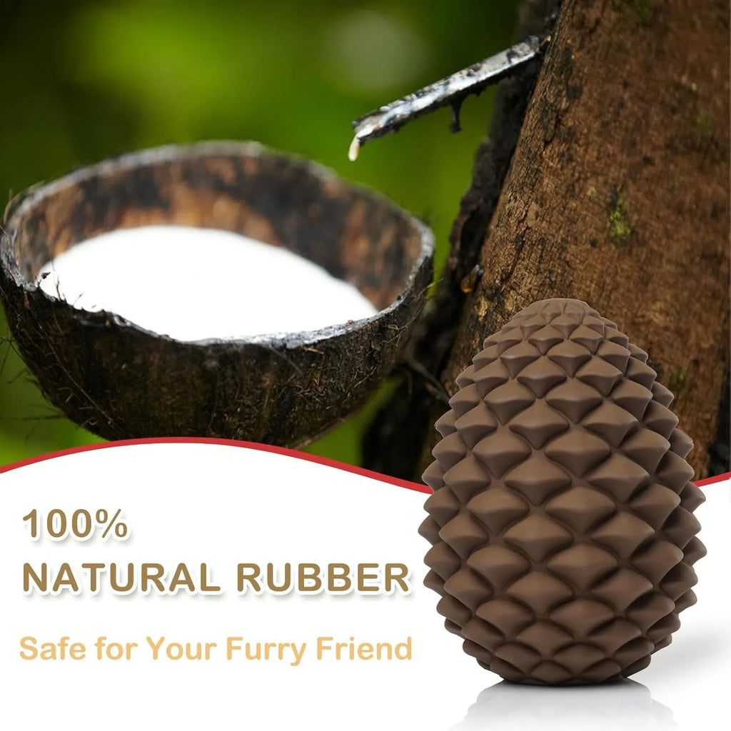 Yellow pine cone shaped natural rubber dog toy with treat dispenser for large breed dogs