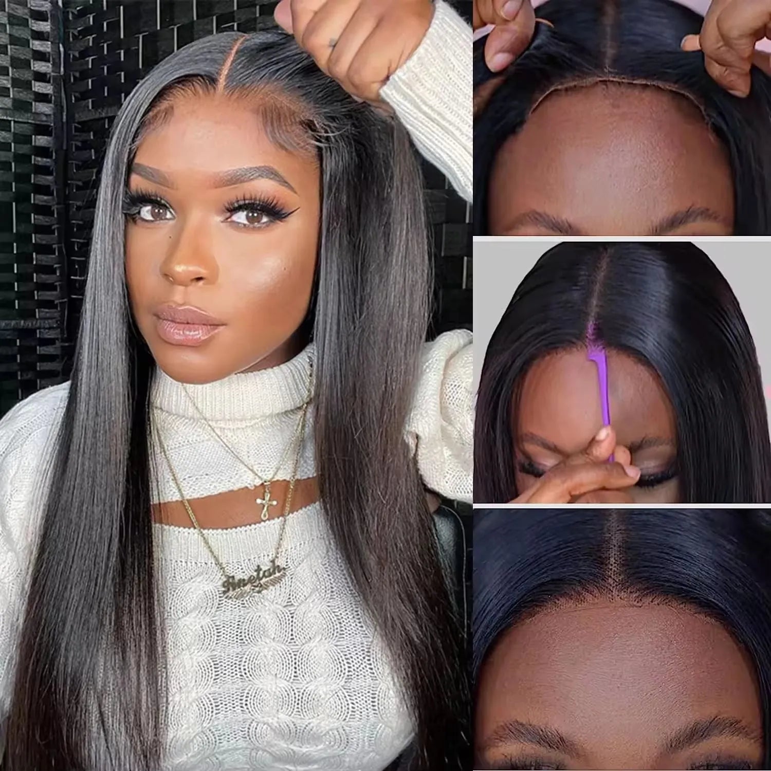 Glueless straight human hair wig with side bangs, shown in a long length.