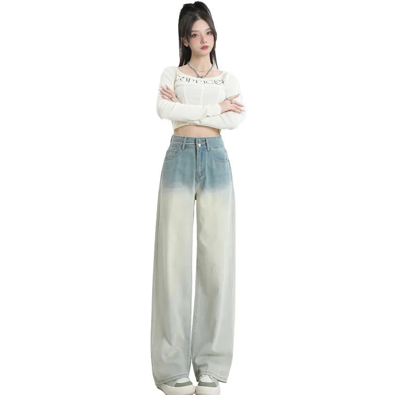 Gradient blue straight-leg denim trousers for women with wide leg design