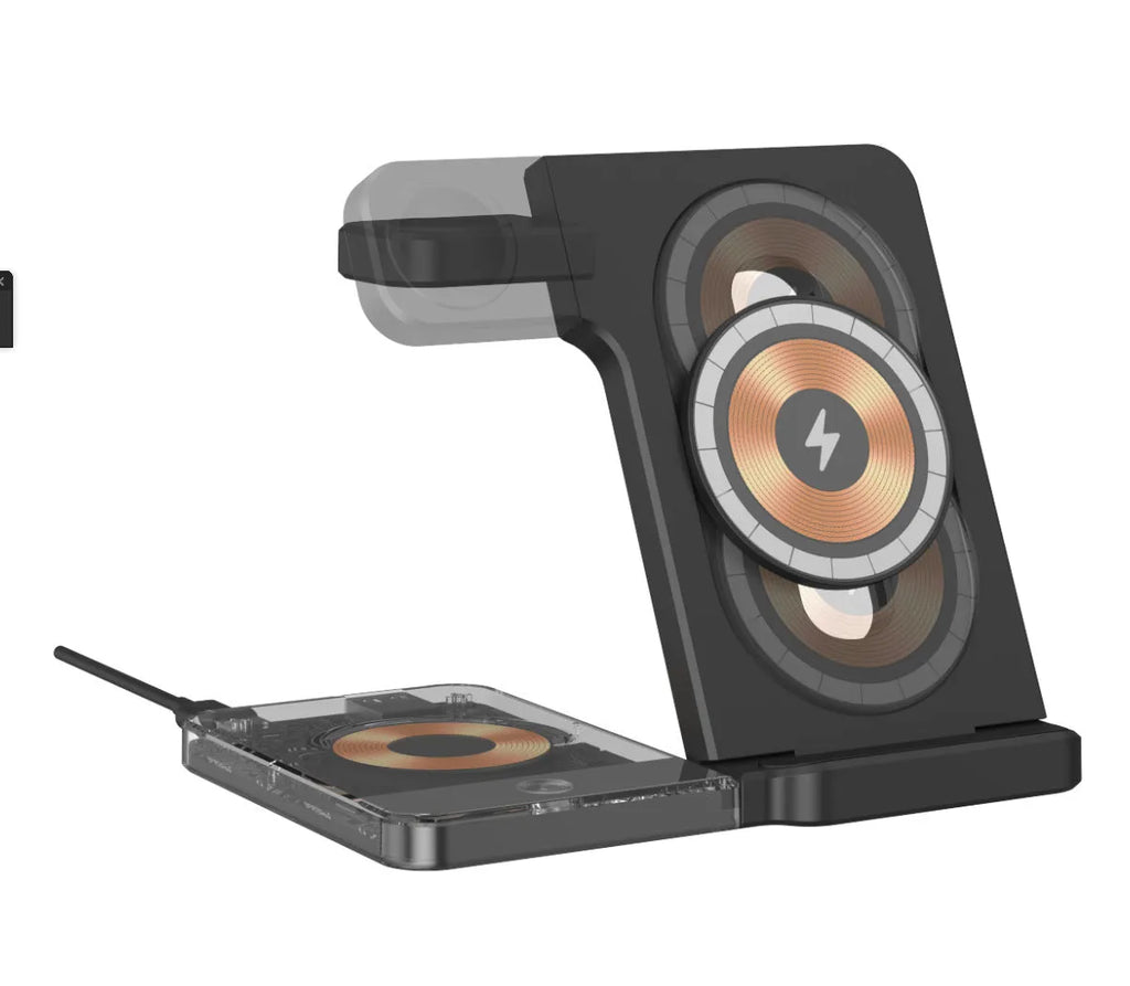 Black desktop magnetic three-in-one wireless charging stand with foldable hinge and night light on table