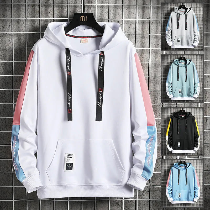 Men's casual printed loose long sleeve hooded top in polyester, available in black, white, gray, lake blue, mist blue sizes M-4XL.