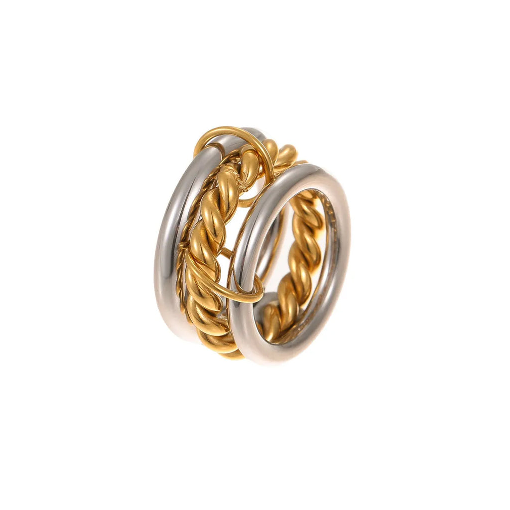 Stacked stainless steel ring with 18K gold plating in three colour variants for women's hand jewellery