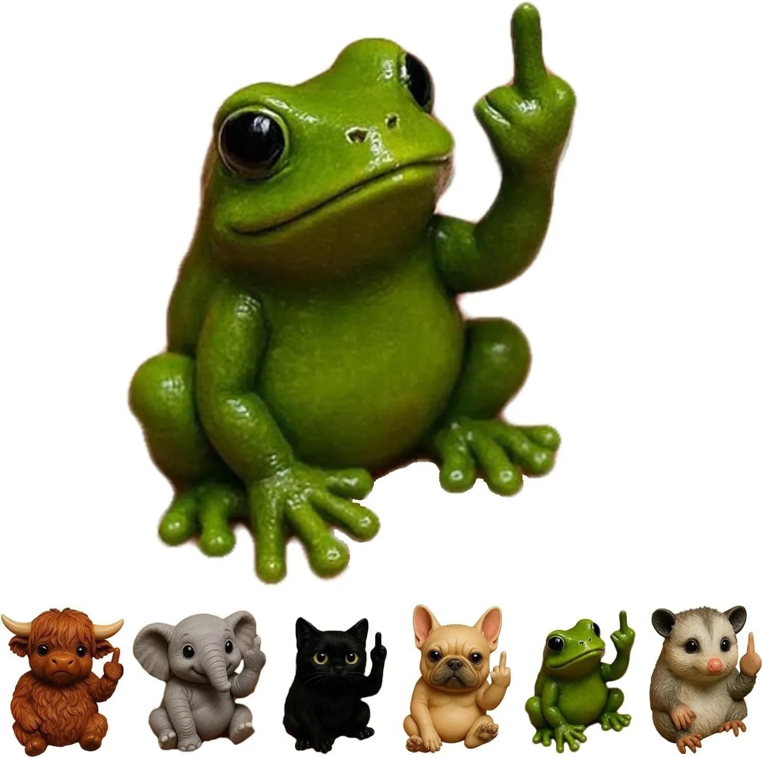 Mini resin animal doll with raised middle finger in dog, cat, elephant, frog, mouse, turtle, or Highland cattle style.
