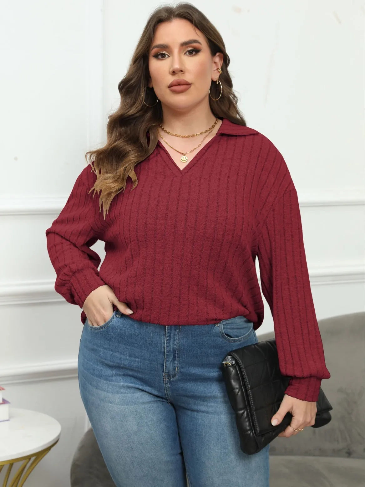 Women's plus size gray polo collar fleece pullover with lantern sleeves in Gothic street style.