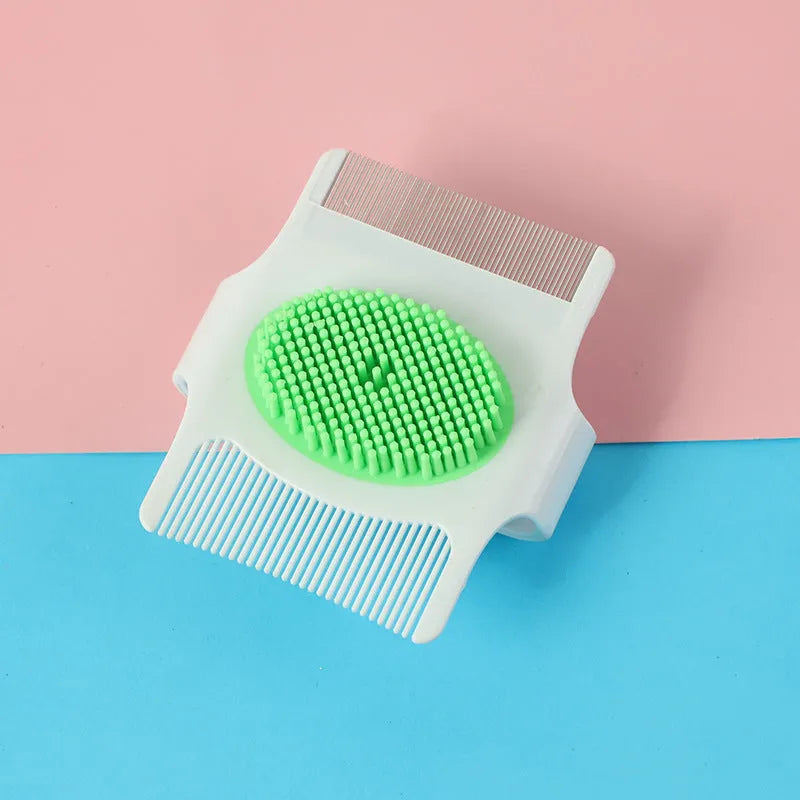 Blue and green multifunctional pet grooming comb with floating hair removal and massage nodes.
