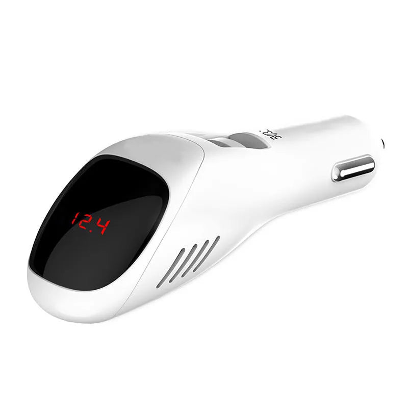 White car USB charger with negative ion air purifier measuring 103mm with dual charging ports