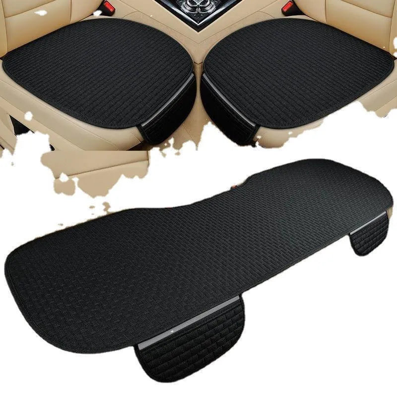 Linen car seat cushion with plaid design available in single seat or three-piece set configurations