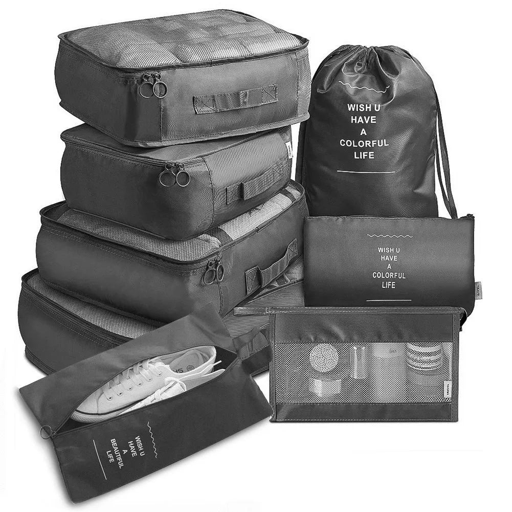 Eight-piece cube polyester storage bag set for travel with seal closure, available in multiple colours