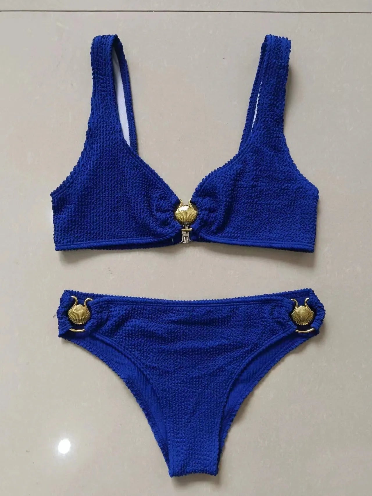 Women's sapphire blue solid colour snake cloth bikini set with bra top and briefs bottom for swimming and wading