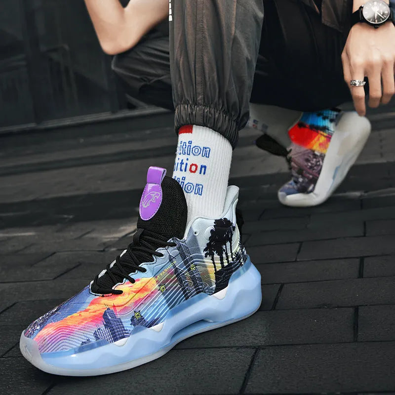 Luminous high-top basketball shoes with mesh upper and graffiti pattern for children in multiple colours
