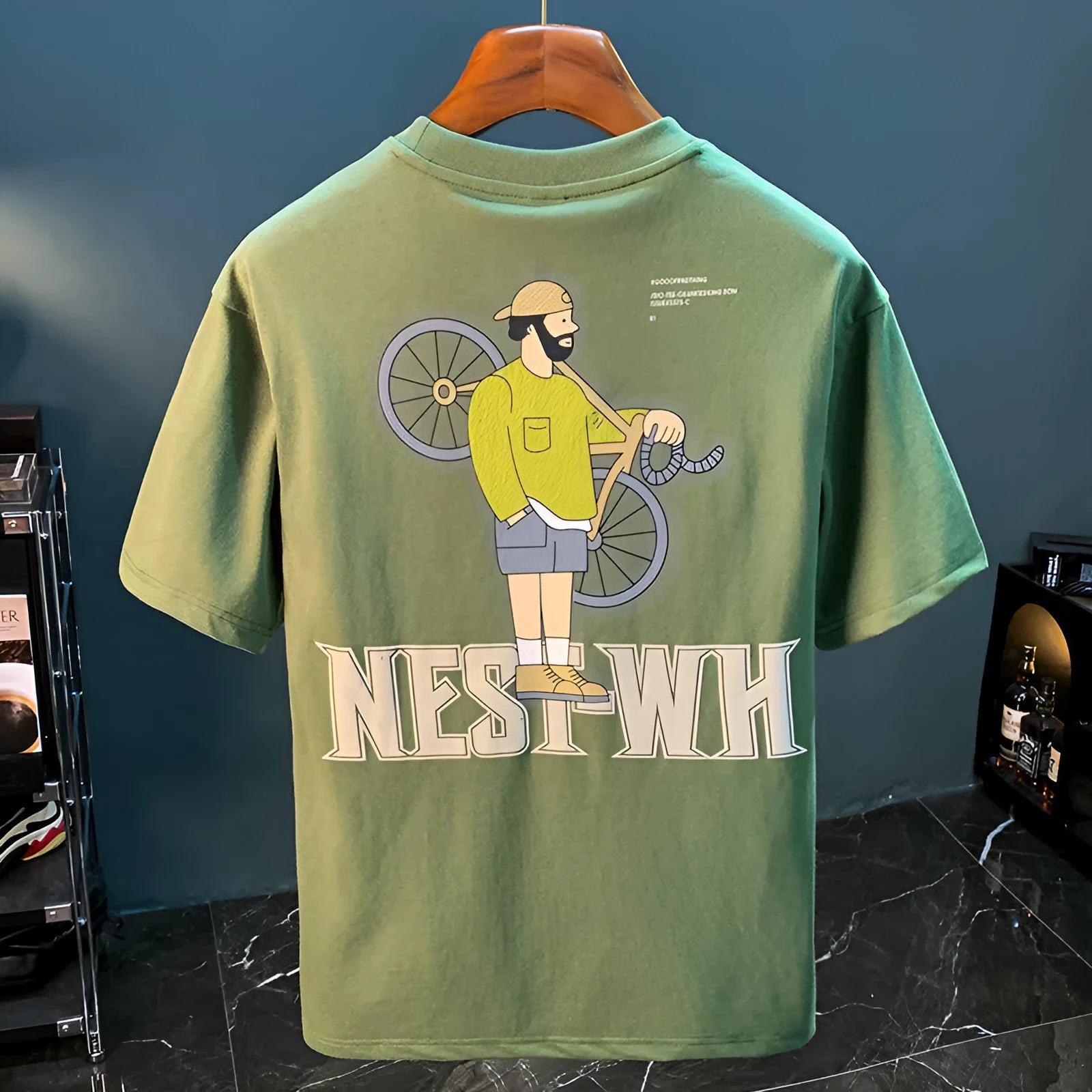 Men's green loose fit short sleeve t-shirt with trendy Literary Youth style print.