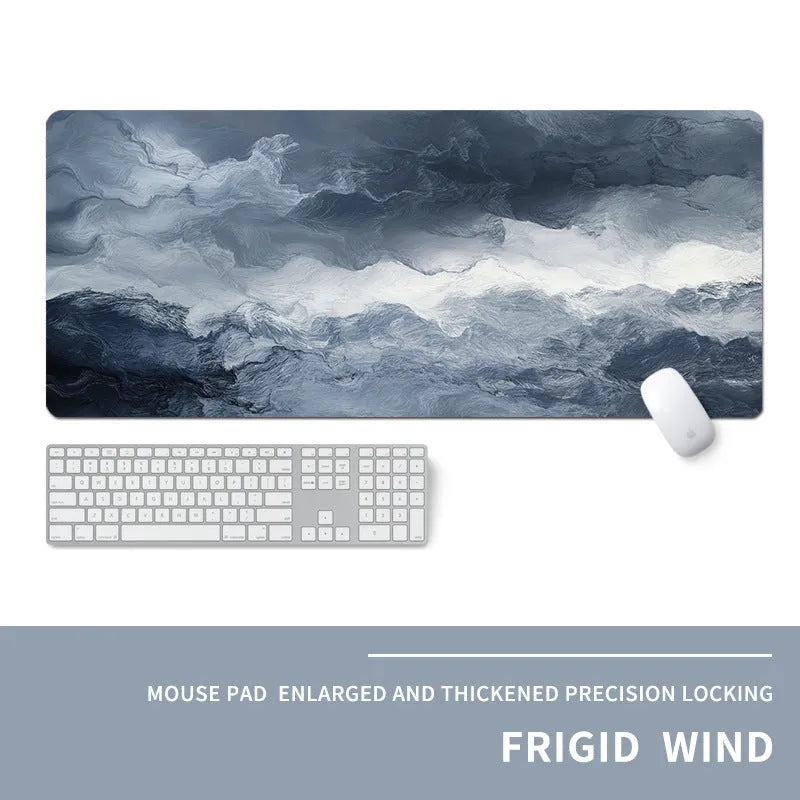 Oversized gaming mouse pad with colourful esports design on natural rubber base, showing extended surface for keyboard and mouse placement