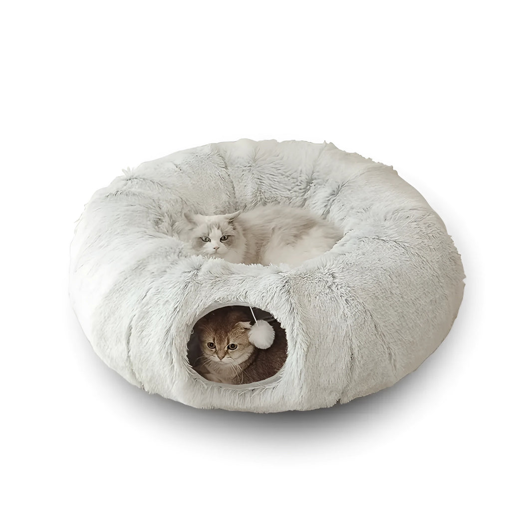 Round plush winter cat nest with attached tunnel in gray colour, foldable pet bed for indoor cats