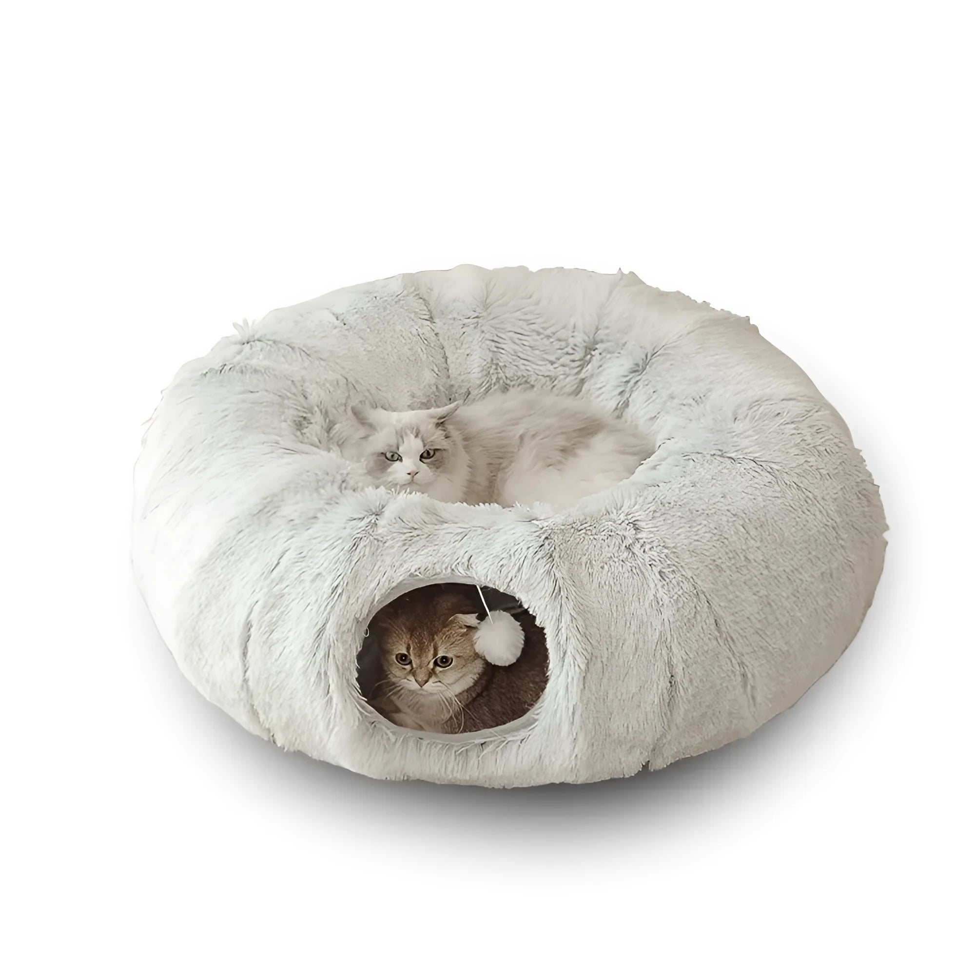 Round plush winter cat nest with attached tunnel in gray colour, foldable pet bed for indoor cats