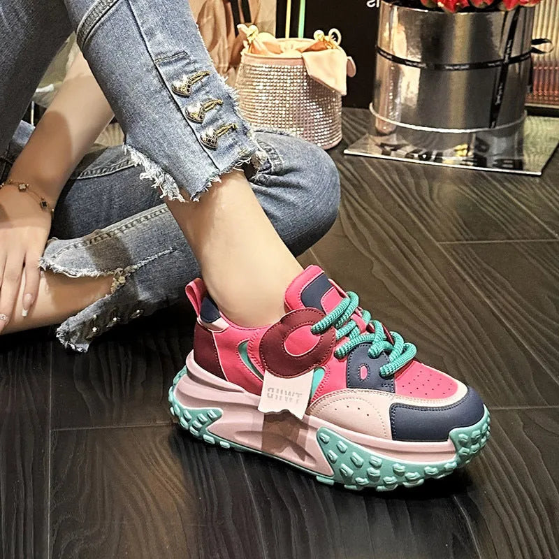 Leather sports casual shoes with thick sole and wedge heel in various colour options