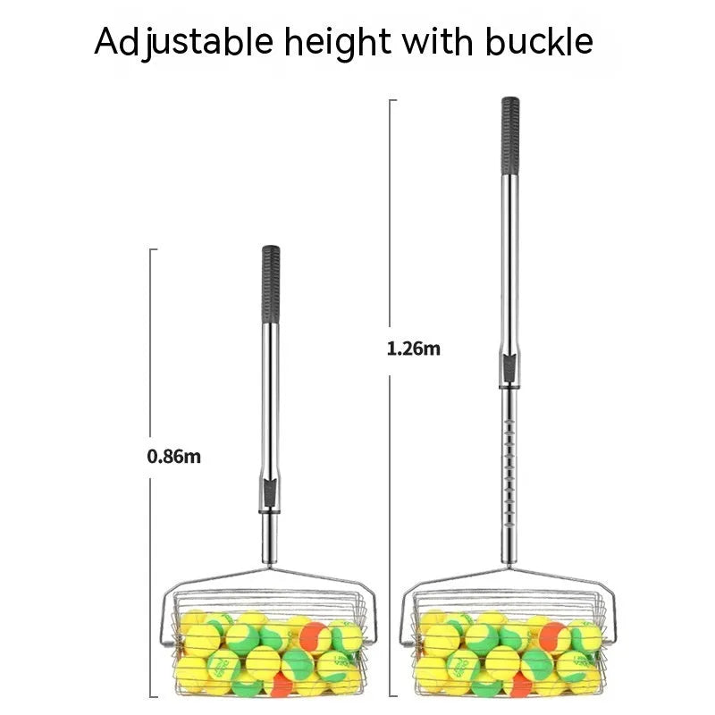 Stainless steel tennis ball picker roller with adjustable handle on a tennis court