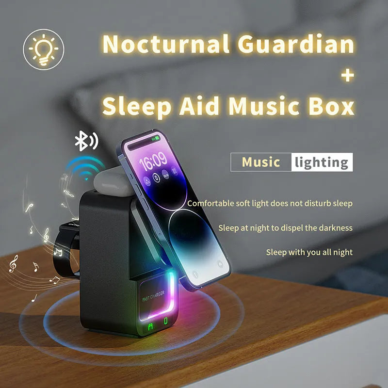 White and black Bluetooth speaker wireless charger with phone mounted magnetically.