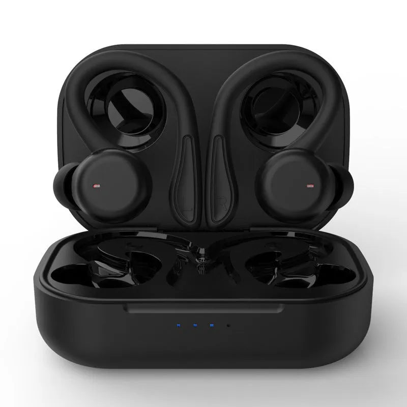 Bluetooth sports headphones with ear hooks in five colour options showing removable earbuds and charging case
