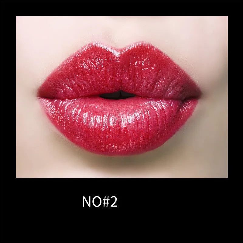 Gentle moisturising creamy lipstick in bullet form with eight colour swatches including red, cherry, plum, and rose bean paste