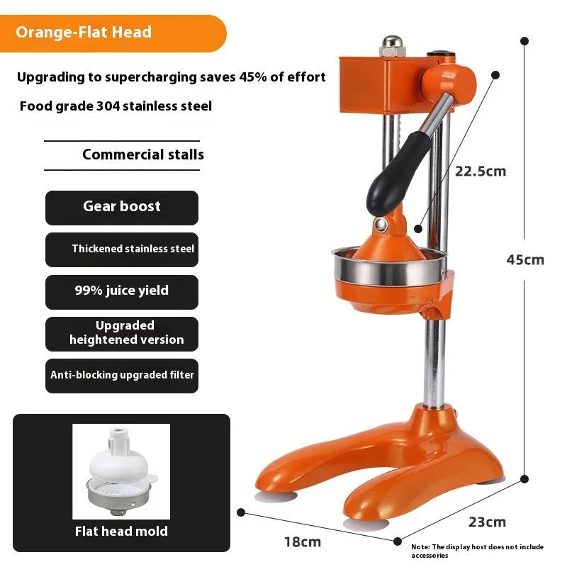 Vertical stainless steel manual juicer with zinc alloy frame in multiple colour options