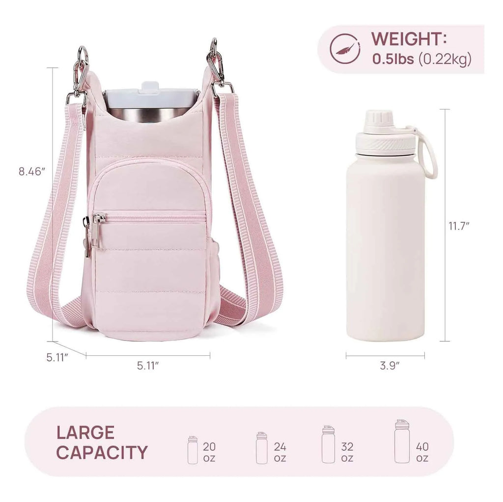 Cloth bicycle water bottle bag in black, pink and beige colours for kettle or bottle storage