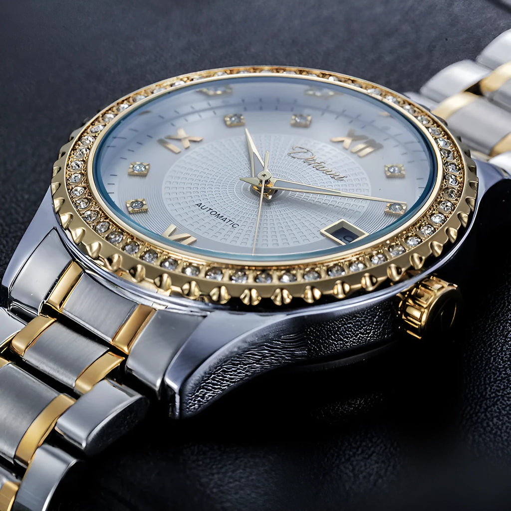 Fashionmonger men's gold and black automatic waterproof watch with luminous hands on a wrist.