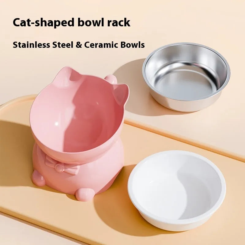 Stainless steel oblique anti-fall cat bowl in black, blue, pink, and yellow colour options