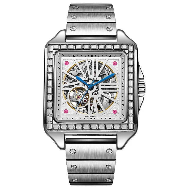 Men's automatic watch with square diamond-studded case and stainless steel bracelet