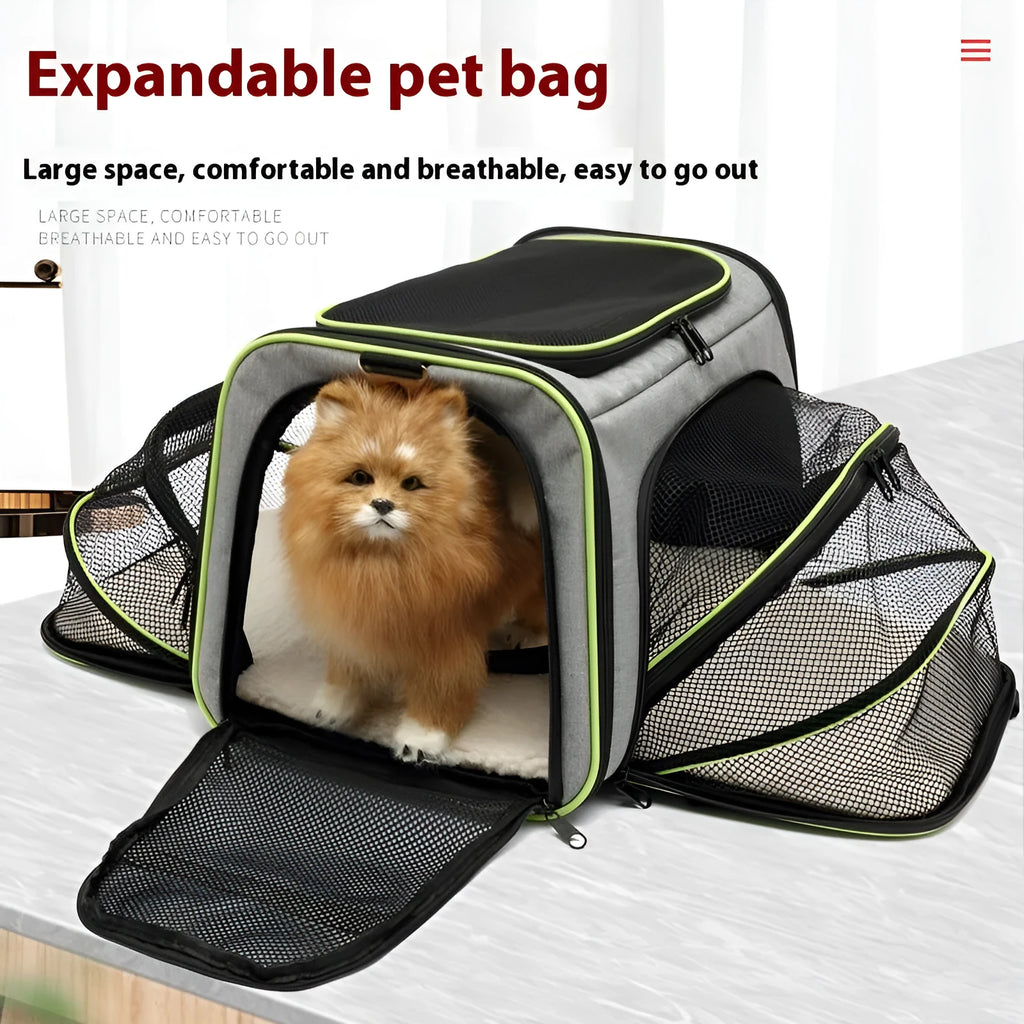 A cat carrier bag made from 600D cation fabric in a solid colour, shown in small and large size options.
