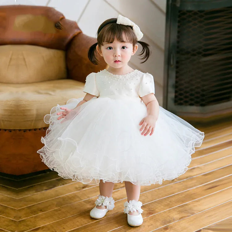 White Chinese-style baby full-year banquet bubble skirt dress in polyester