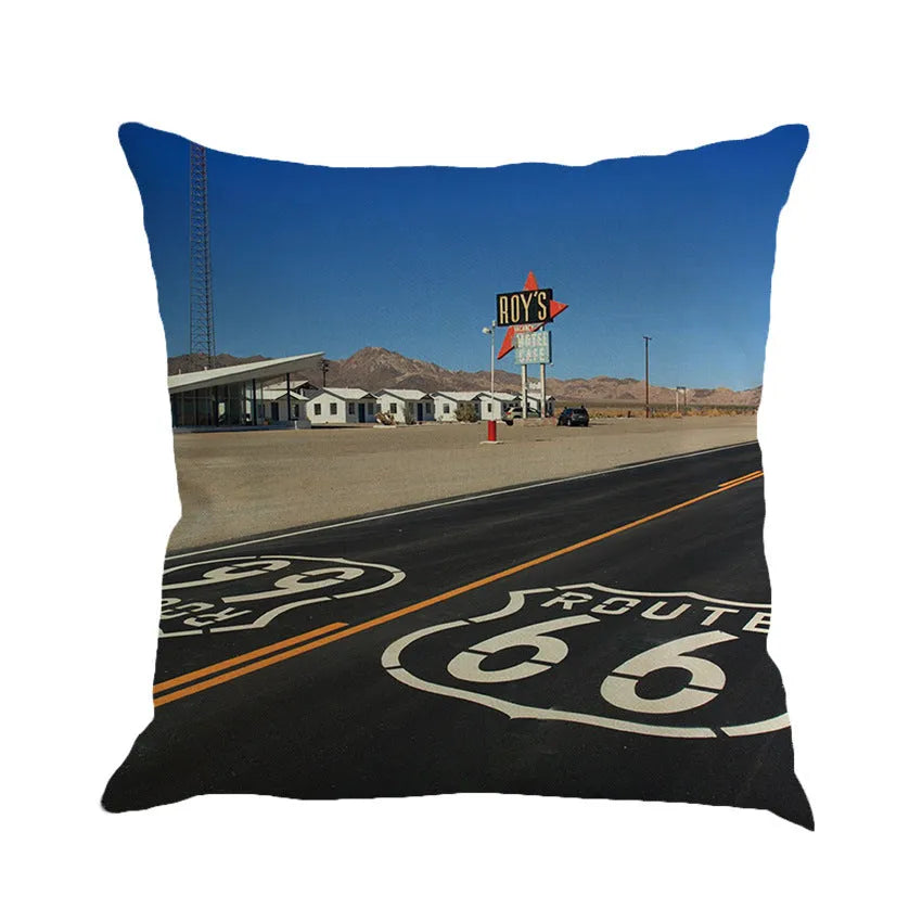 Square linen cushion cover with Route 66 landscape pattern, shown in one of six available colours.